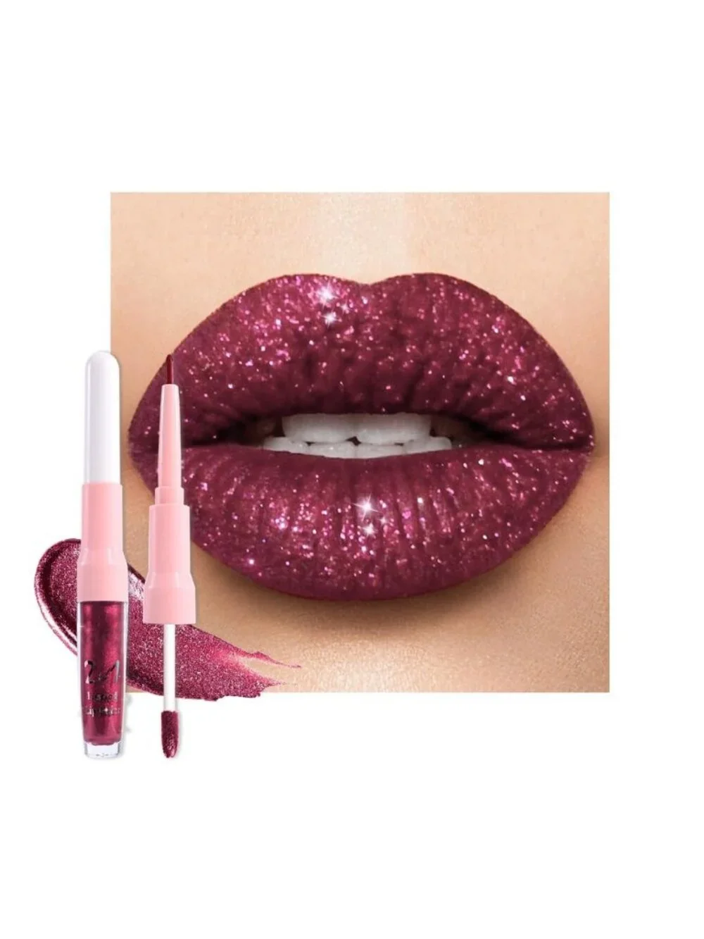 Women 26#Dark Purple Red-Matte to Glitter 2-in-1 Long Lasting Lipstick Lip Liner